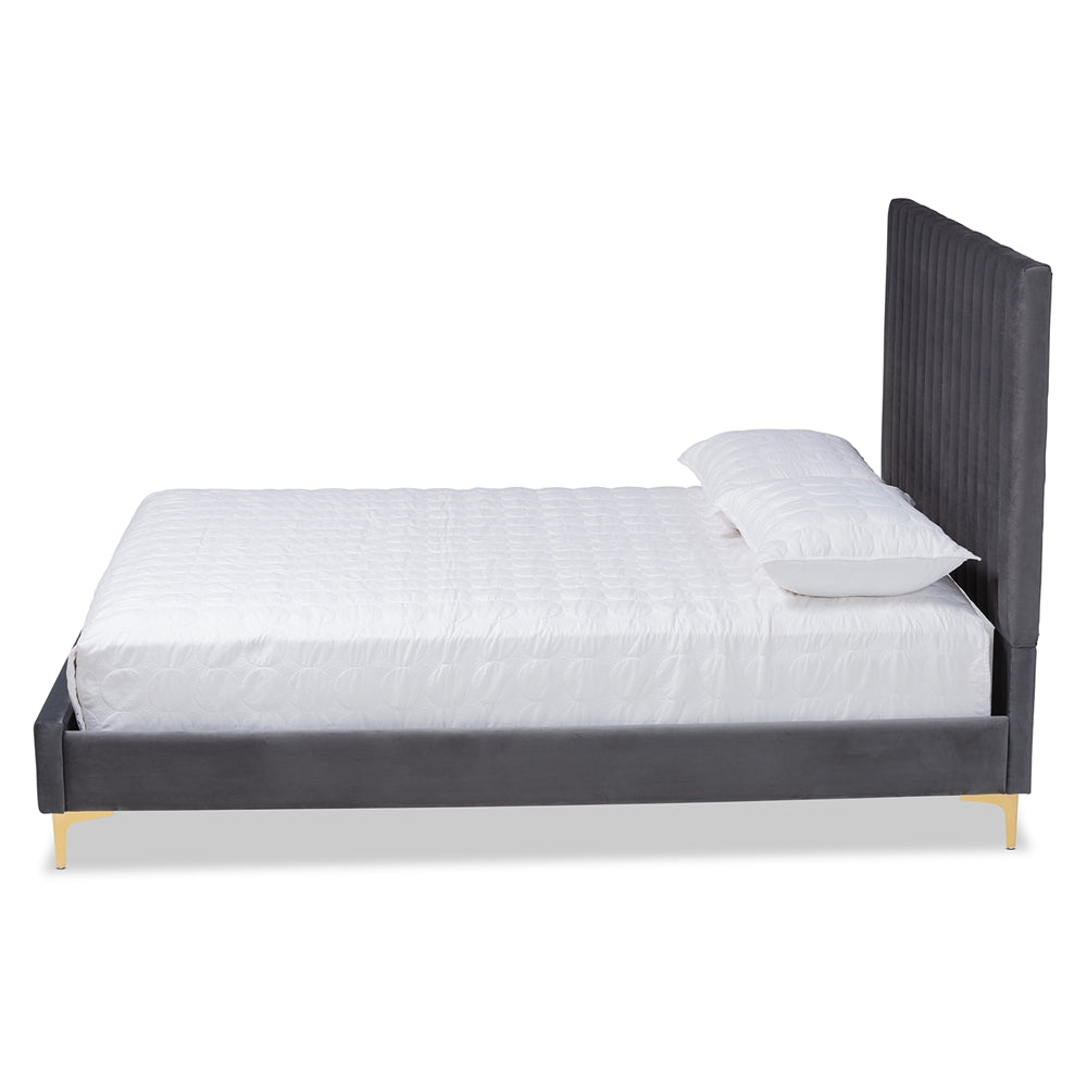 Baxton Studio Serrano Contemporary Glam And Luxe Grey Velvet Fabric Upholstered And Gold Metal Full Size Platform Bed