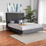 Load image into Gallery viewer, BAXTON STUDIO SERRANO CONTEMPORARY GLAM AND LUXE GREY VELVET FABRIC UPHOLSTERED AND GOLD METAL FULL SIZE PLATFORM BED
