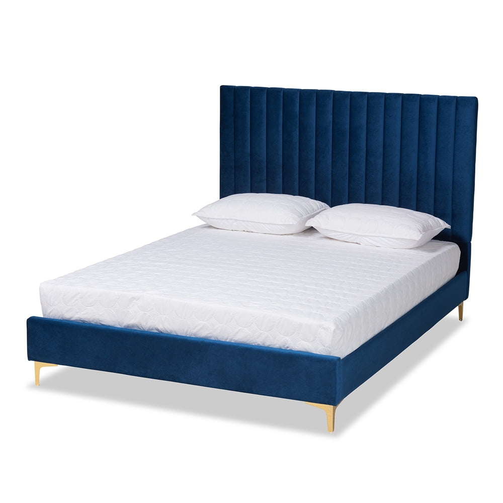 Baxton Studio Serrano Contemporary Glam And Luxe Navy Blue Velvet Fabric Upholstered And Gold Metal King Size Platform Bed