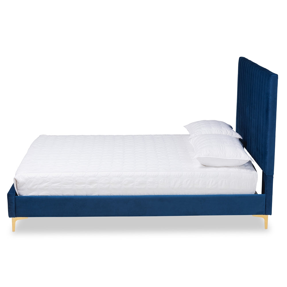 Baxton Studio Serrano Contemporary Glam And Luxe Navy Blue Velvet Fabric Upholstered And Gold Metal King Size Platform Bed