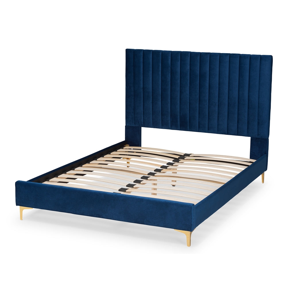 Baxton Studio Serrano Contemporary Glam And Luxe Navy Blue Velvet Fabric Upholstered And Gold Metal Queen Size Platform Bed