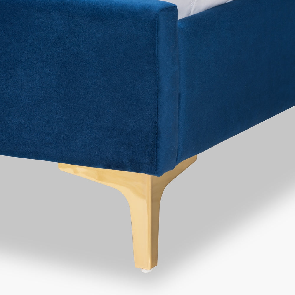 Baxton Studio Serrano Contemporary Glam And Luxe Navy Blue Velvet Fabric Upholstered And Gold Metal Queen Size Platform Bed