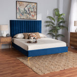 Load image into Gallery viewer, Baxton Studio Serrano Contemporary Glam And Luxe Navy Blue Velvet Fabric Upholstered And Gold Metal Queen Size Platform Bed
