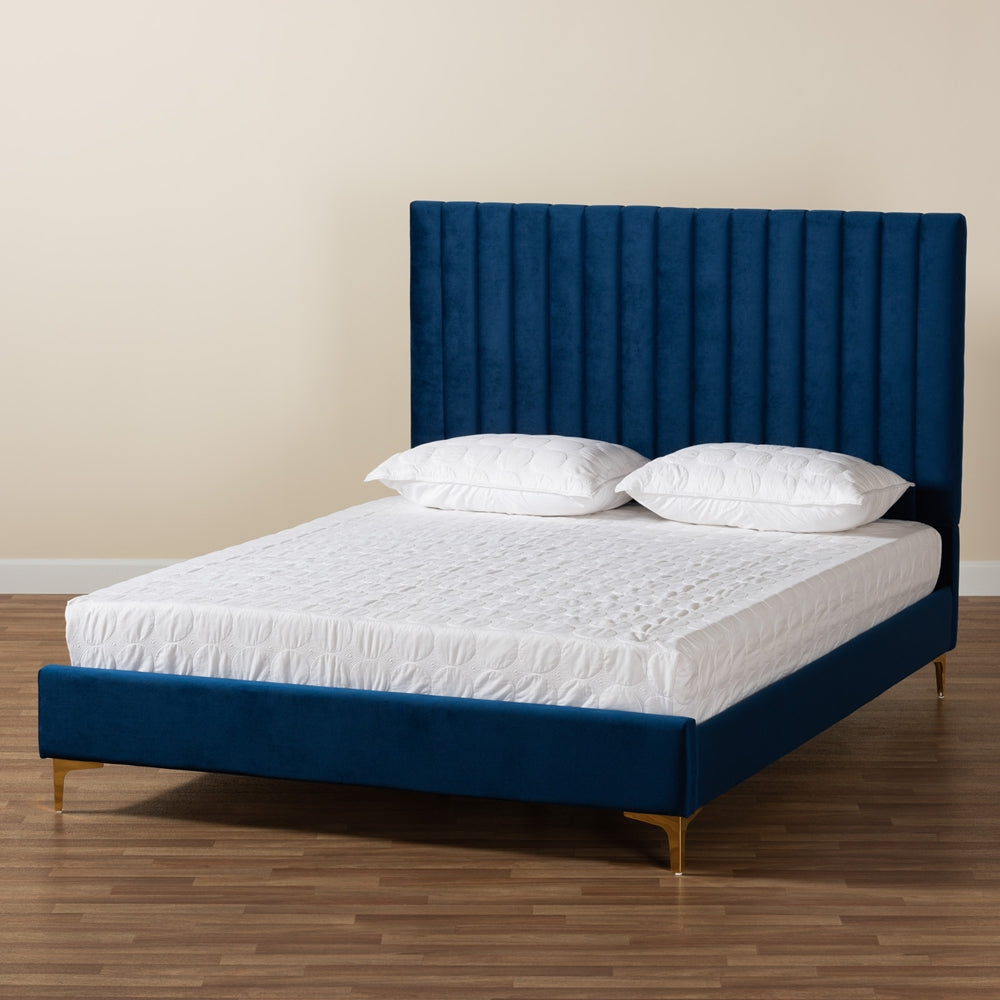 BAXTON STUDIO SERRANO CONTEMPORARY GLAM AND LUXE NAVY BLUE VELVET FABRIC UPHOLSTERED AND GOLD METAL KING SIZE PLATFORM BED