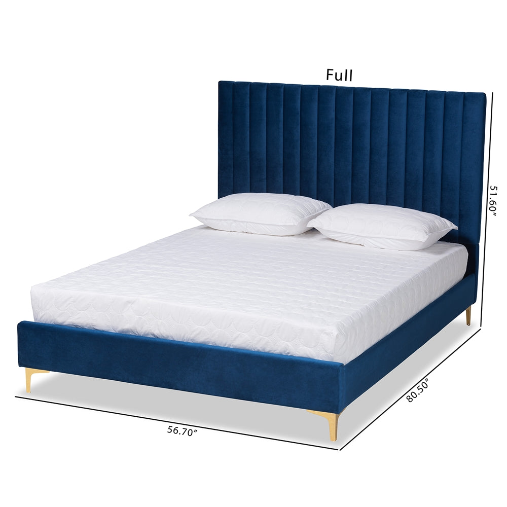 Baxton Studio Serrano Contemporary Glam And Luxe Navy Blue Velvet Fabric Upholstered And Gold Metal King Size Platform Bed