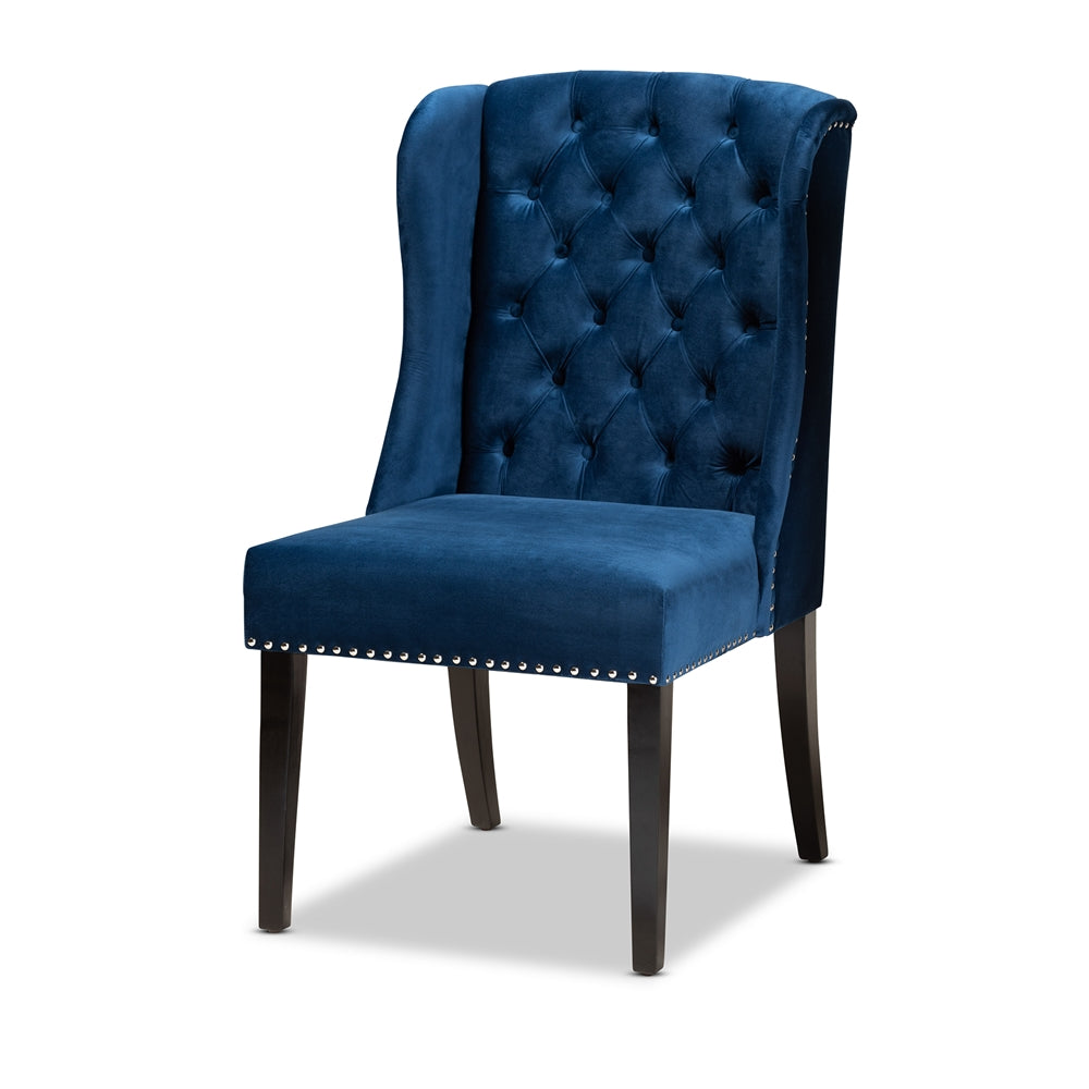 Baxton Studio Lamont Modern Contemporary Transitional Navy Blue Velvet Fabric Upholstered And Dark Brown Finished Wood Wingback Dining Chair