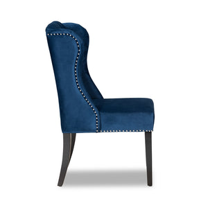 Baxton Studio Lamont Modern Contemporary Transitional Navy Blue Velvet Fabric Upholstered And Dark Brown Finished Wood Wingback Dining Chair