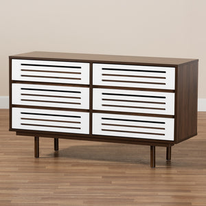 Baxton Studio Meike Mid-Century Modern Two-Tone Walnut Brown And White Finished Wood 6-Drawer Dresser