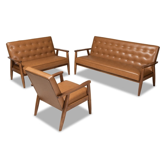 Baxton Studio Sorrento Mid-Century Modern Tan Faux Leather Upholstered Finished Wood 3-Piece Living Room Set