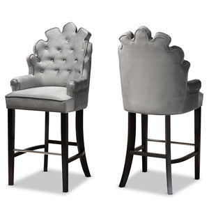 Baxton Studio Chloe Modern And Contemporary Dark Grey Velvet Upholstered And Dark Brown Finished Wood 2-Piece Bar Stool Set