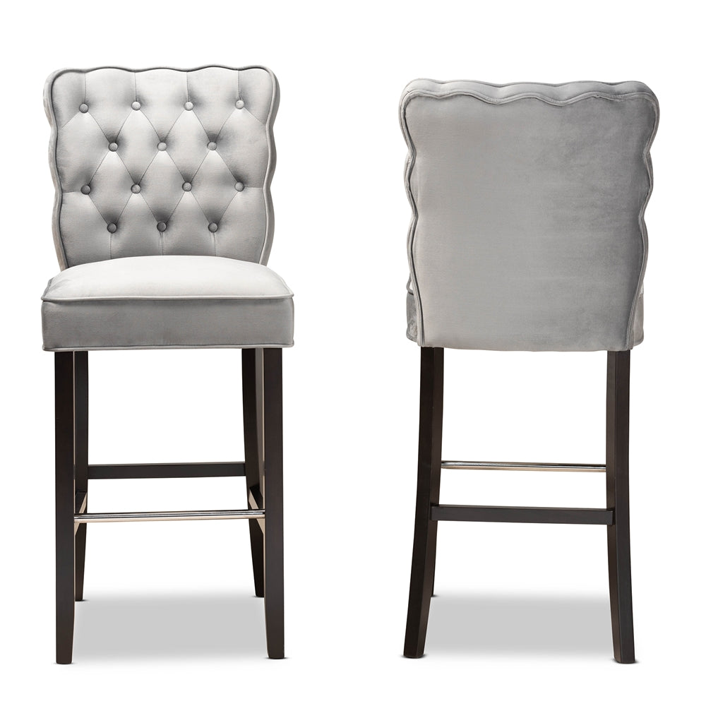 Baxton Studio Daphne Modern And Contemporary Dark Grey Velvet Fabric Upholstered And Dark Brown Finished Wood 2-Piece Bar Stool Set