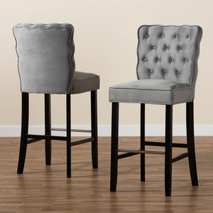 Baxton Studio Daphne Modern And Contemporary Dark Grey Velvet Fabric Upholstered And Dark Brown Finished Wood 2-Piece Bar Stool Set