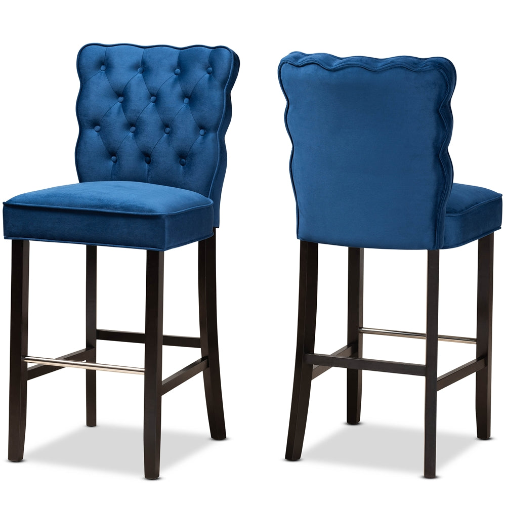 Baxton Studio Daphne Modern And Contemporary Navy Blue Velvet Fabric Upholstered And Dark Brown Finished Wood 2-Piece Bar Stool Set