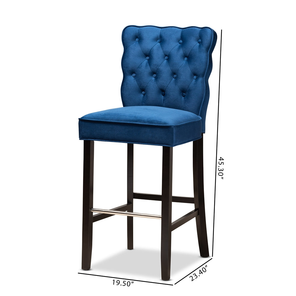 Baxton Studio Daphne Modern And Contemporary Navy Blue Velvet Fabric Upholstered And Dark Brown Finished Wood 2-Piece Bar Stool Set