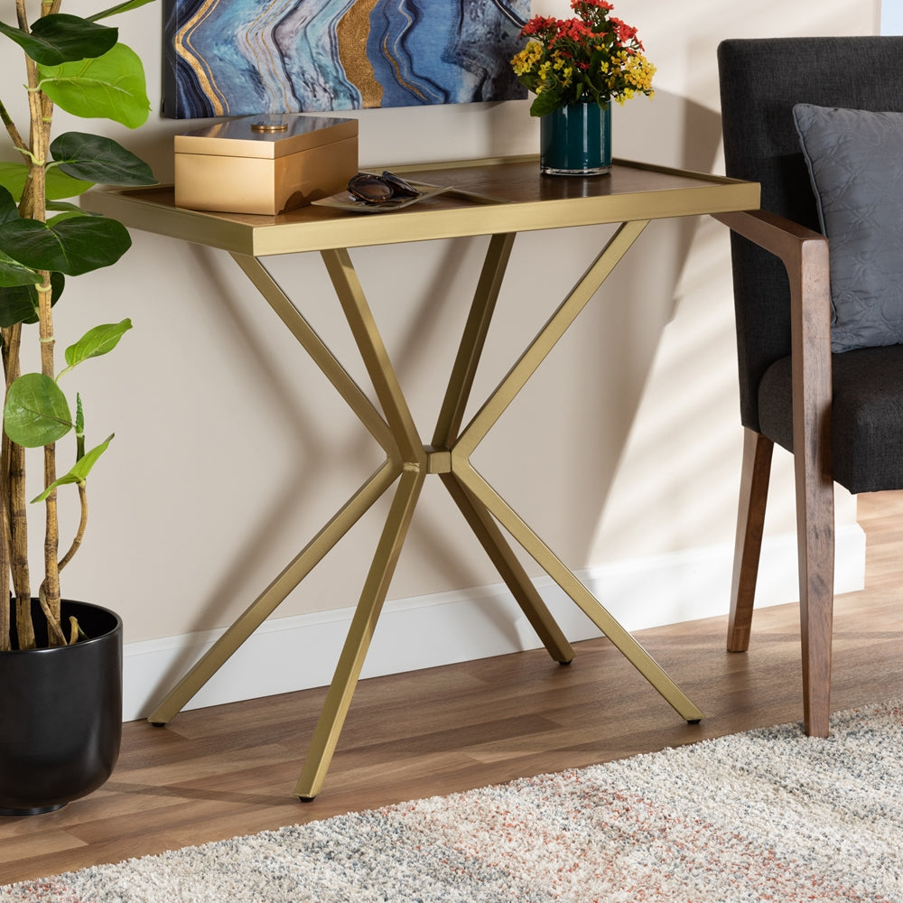 Baxton Studio Carlo Modern And Contemporary Walnut Finished Wood And Gold Finished Metal Console Table