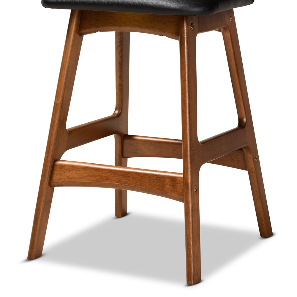 BAXTON STUDIO DARRIN MID-CENTURY MODERN BLACK FAUX LEATHER UPHOLSTERED AND WALNUT BROWN FINISHED WOOD 2-PIECE COUNTER STOOL SET