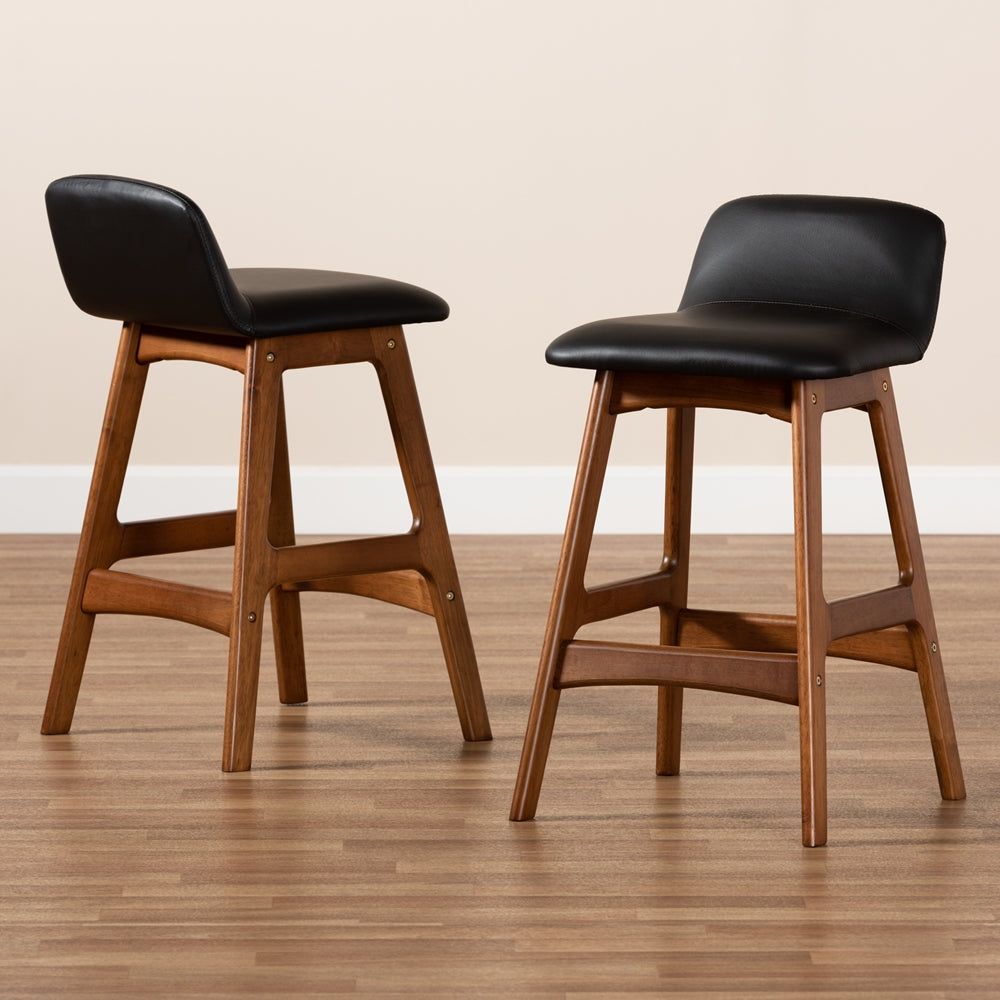 Baxton Studio Darrin Mid-Century Modern Black Faux Leather Upholstered And Walnut Brown Finished Wood 2-Piece Counter Stool Set