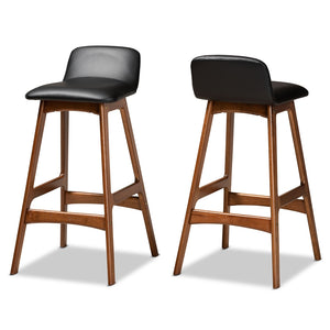 Baxton Studio Darrin Mid-Century Modern Black Faux Leather Upholstered And Walnut Brown Finished Wood 2-Piece Bar Stool Set