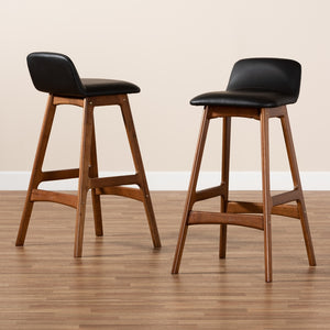 Baxton Studio Darrin Mid-Century Modern Black Faux Leather Upholstered And Walnut Brown Finished Wood 2-Piece Bar Stool Set