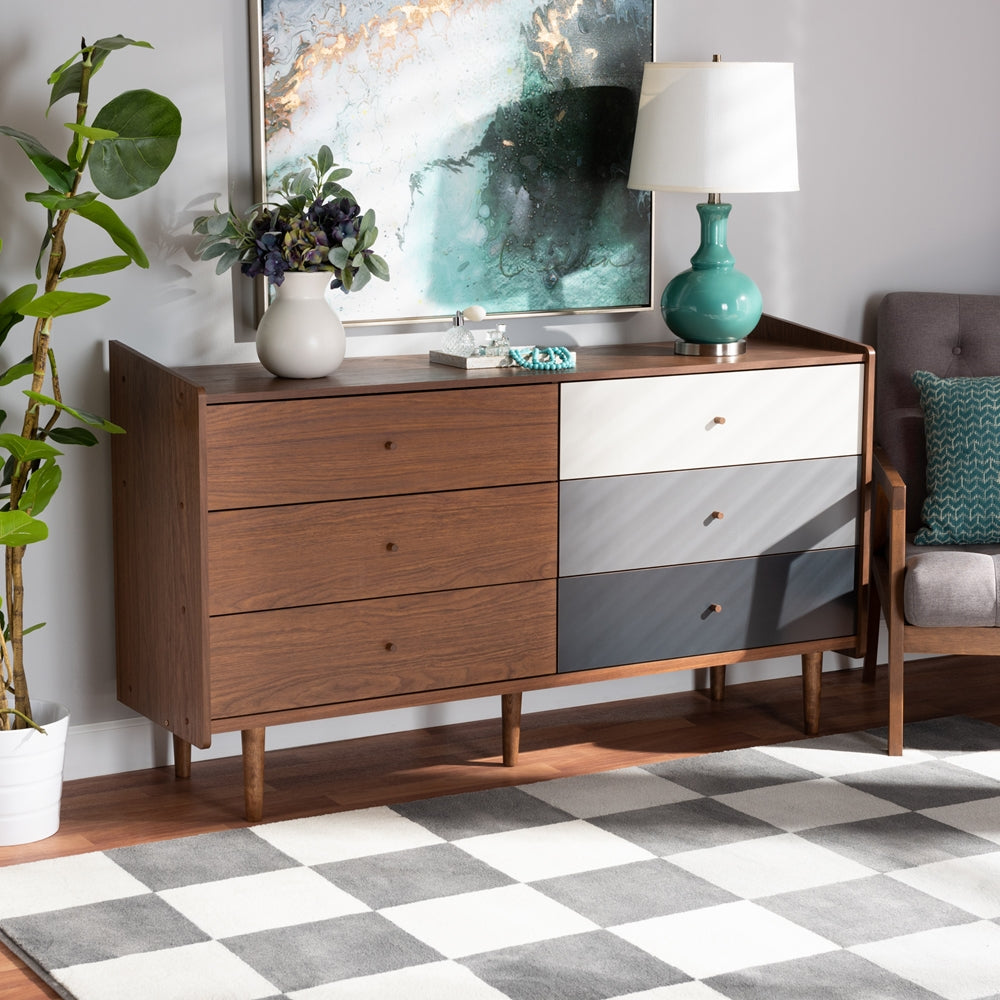 Baxton Studio Halden Mid-Century Modern Multicolor Walnut Brown And Grey Gradient Finished Wood 6-Drawer Dresser