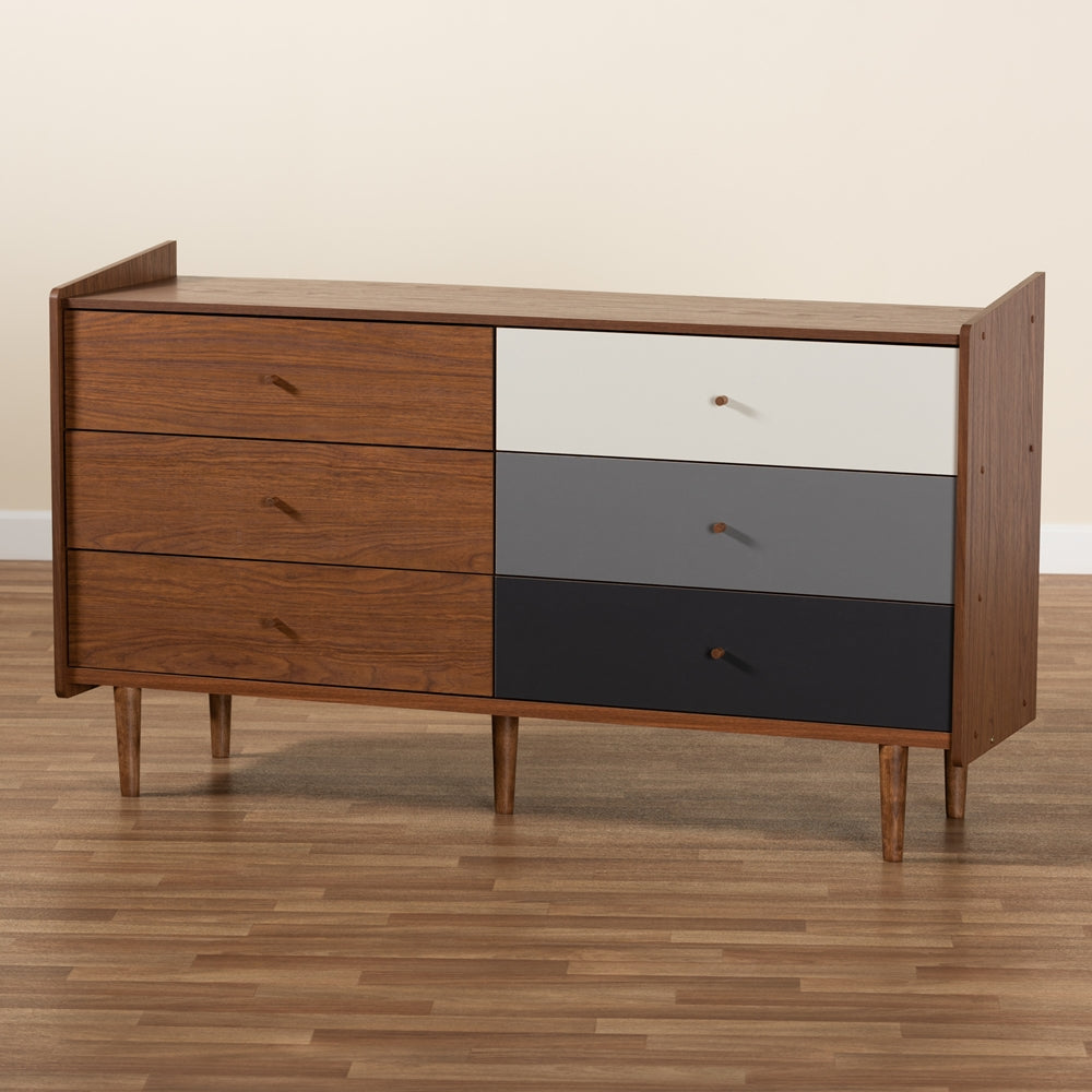 Baxton Studio Halden Mid-Century Modern Multicolor Walnut Brown And Grey Gradient Finished Wood 6-Drawer Dresser