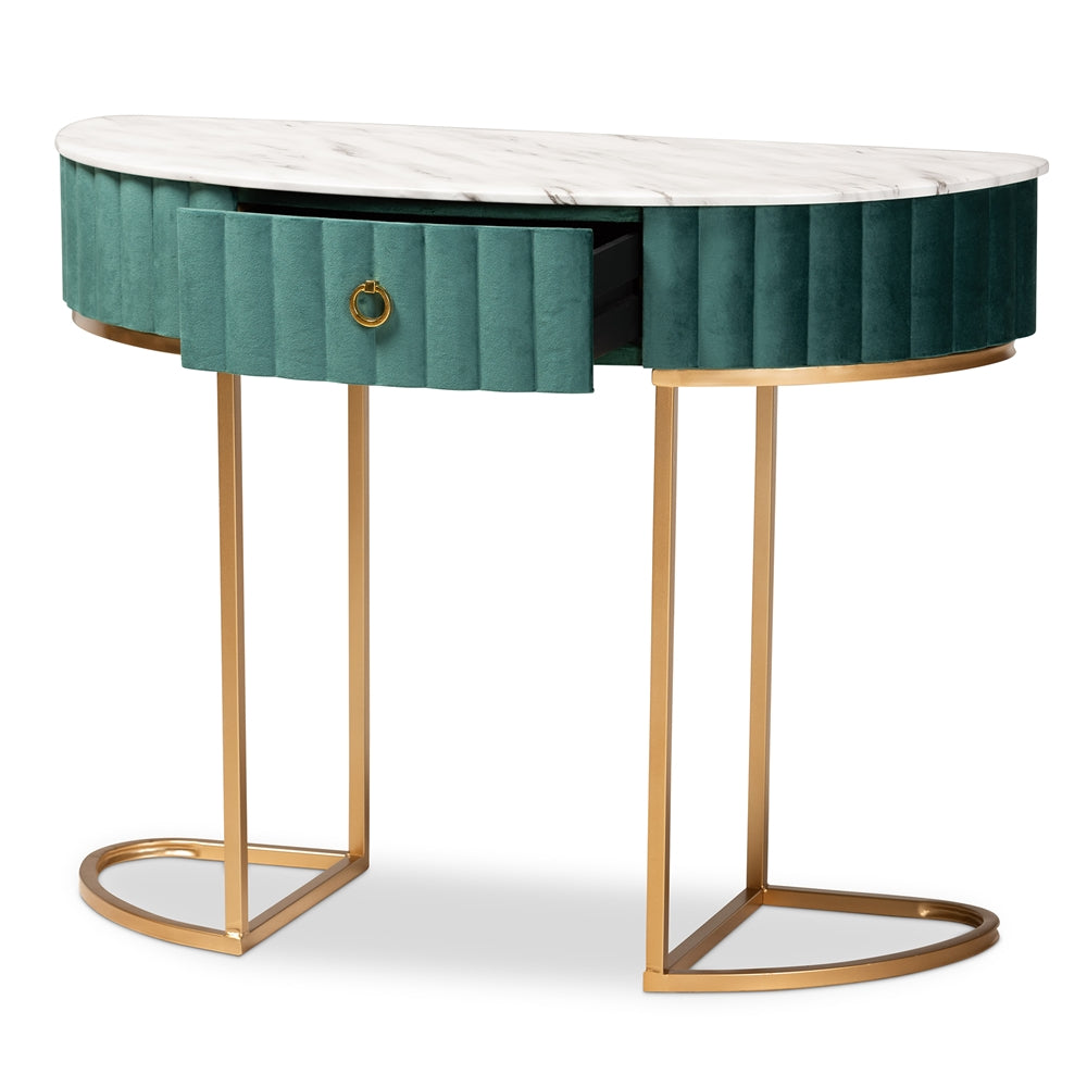 Baxton Studio Beale Luxe And Glam Green Velvet Upholstered And Brushed Gold Finished 1-Drawer Console Table With Faux Marble Tabletop