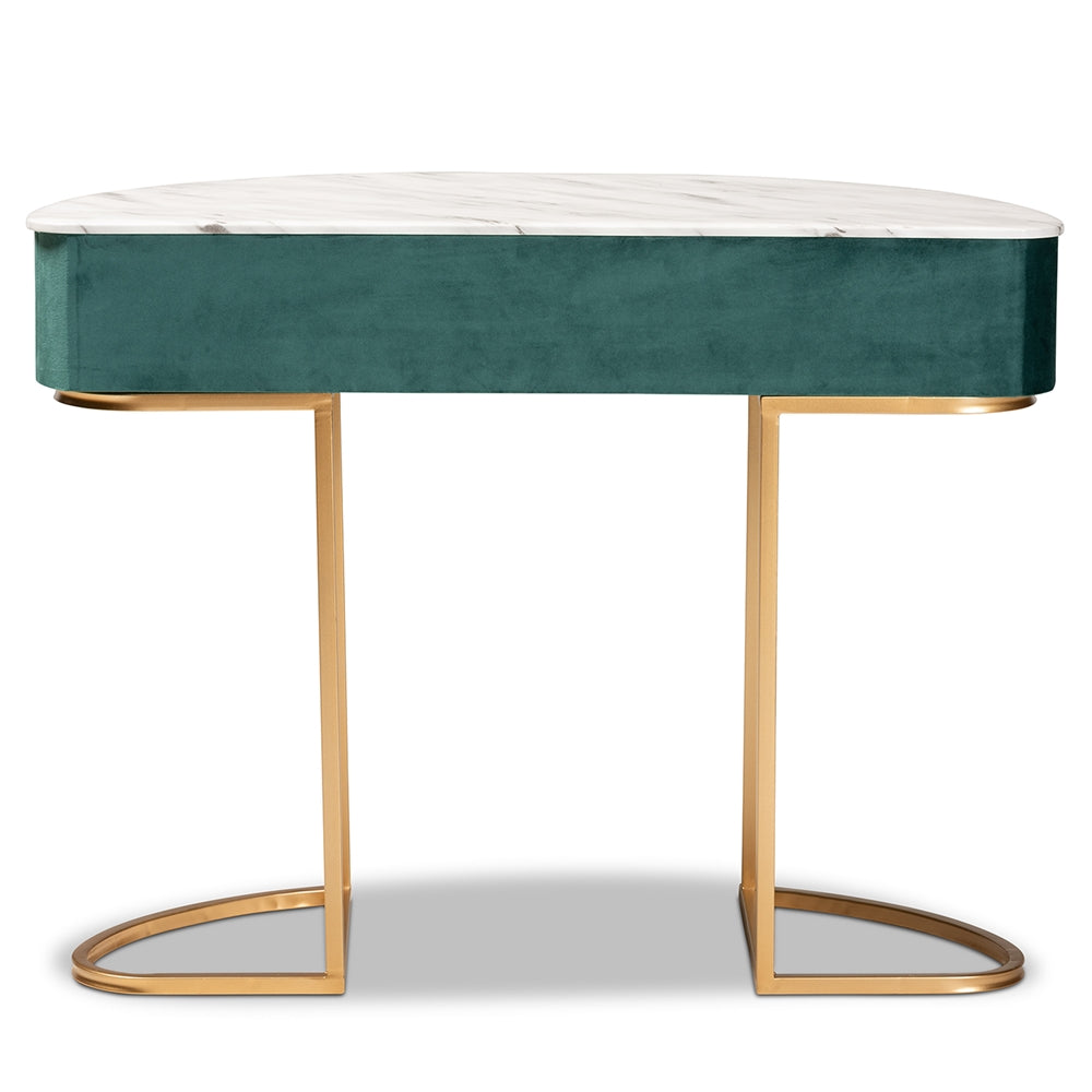 Baxton Studio Beale Luxe And Glam Green Velvet Upholstered And Brushed Gold Finished 1-Drawer Console Table With Faux Marble Tabletop