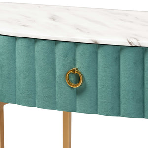 Baxton Studio Beale Luxe And Glam Green Velvet Upholstered And Brushed Gold Finished 1-Drawer Console Table With Faux Marble Tabletop