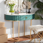 Load image into Gallery viewer, Baxton Studio Beale Luxe And Glam Green Velvet Upholstered And Brushed Gold Finished 1-Drawer Console Table With Faux Marble Tabletop
