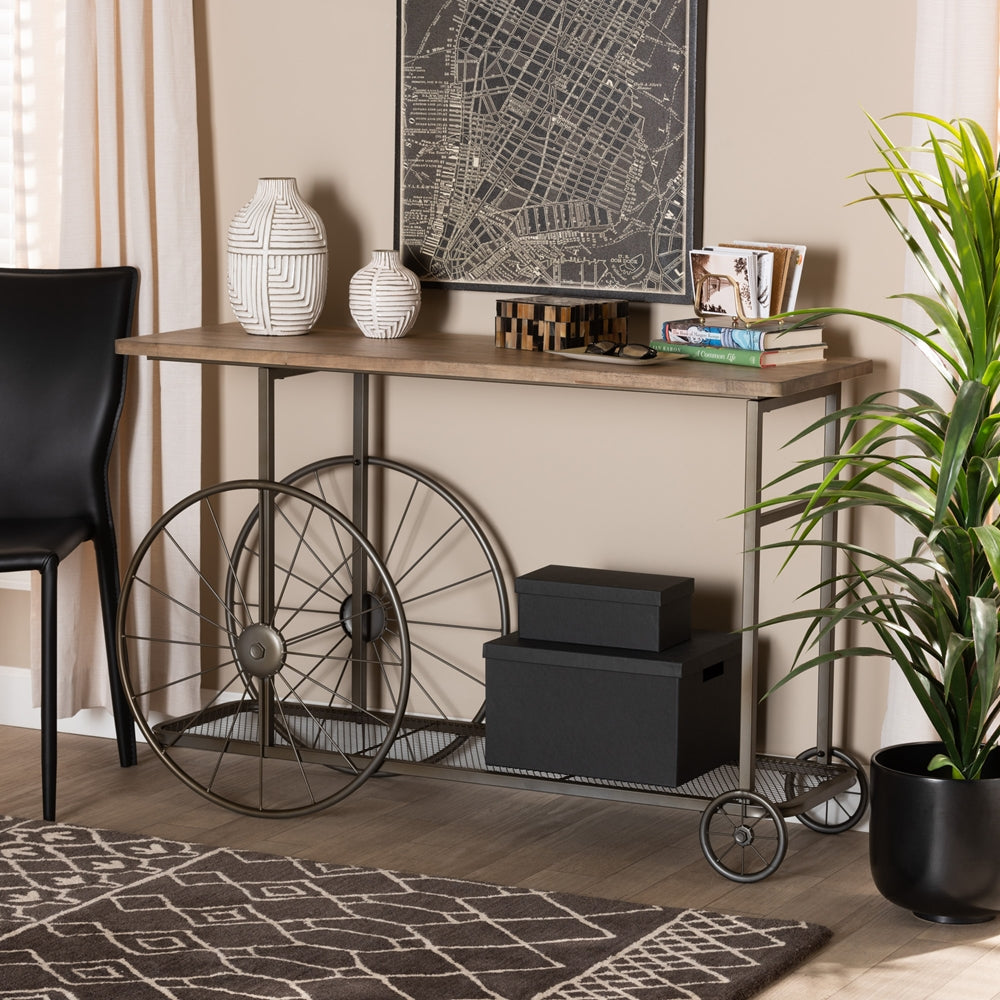 Baxton Studio Terence Vintage Rustic Industrial Natural Finished Wood And Black Finished Metal Wheeled Console Table