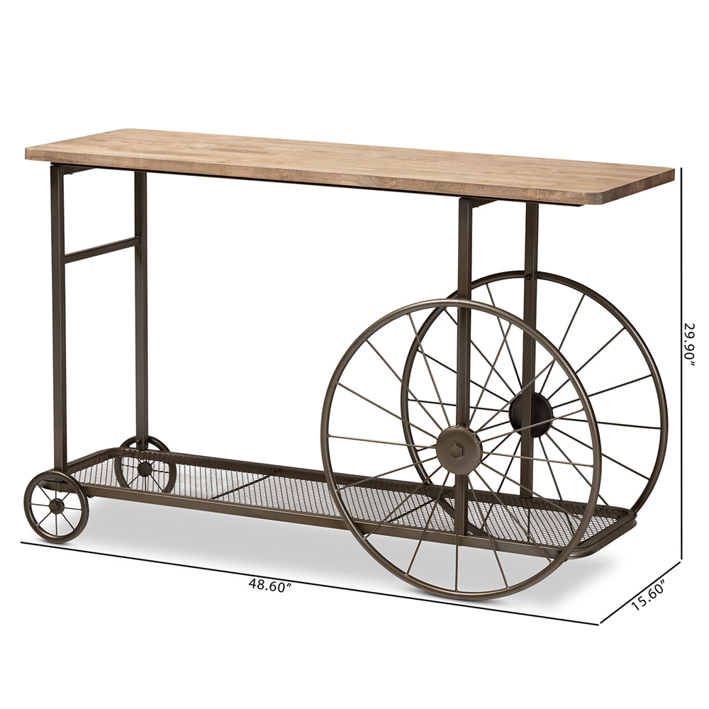 Baxton Studio Terence Vintage Rustic Industrial Natural Finished Wood And Black Finished Metal Wheeled Console Table