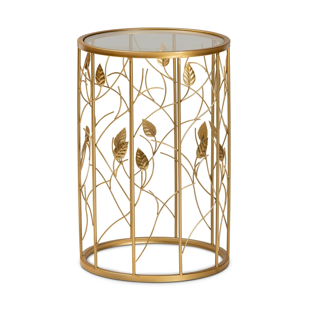 Baxton Studio Anaya Modern And Contemporary Glam Brushed Gold Finished Metal And Glass Leaf Accent End Table