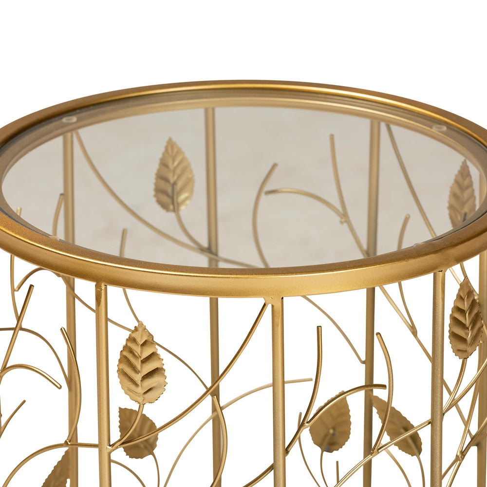 BAXTON STUDIO ANAYA MODERN AND CONTEMPORARY GLAM BRUSHED GOLD FINISHED METAL AND GLASS LEAF ACCENT END TABLE