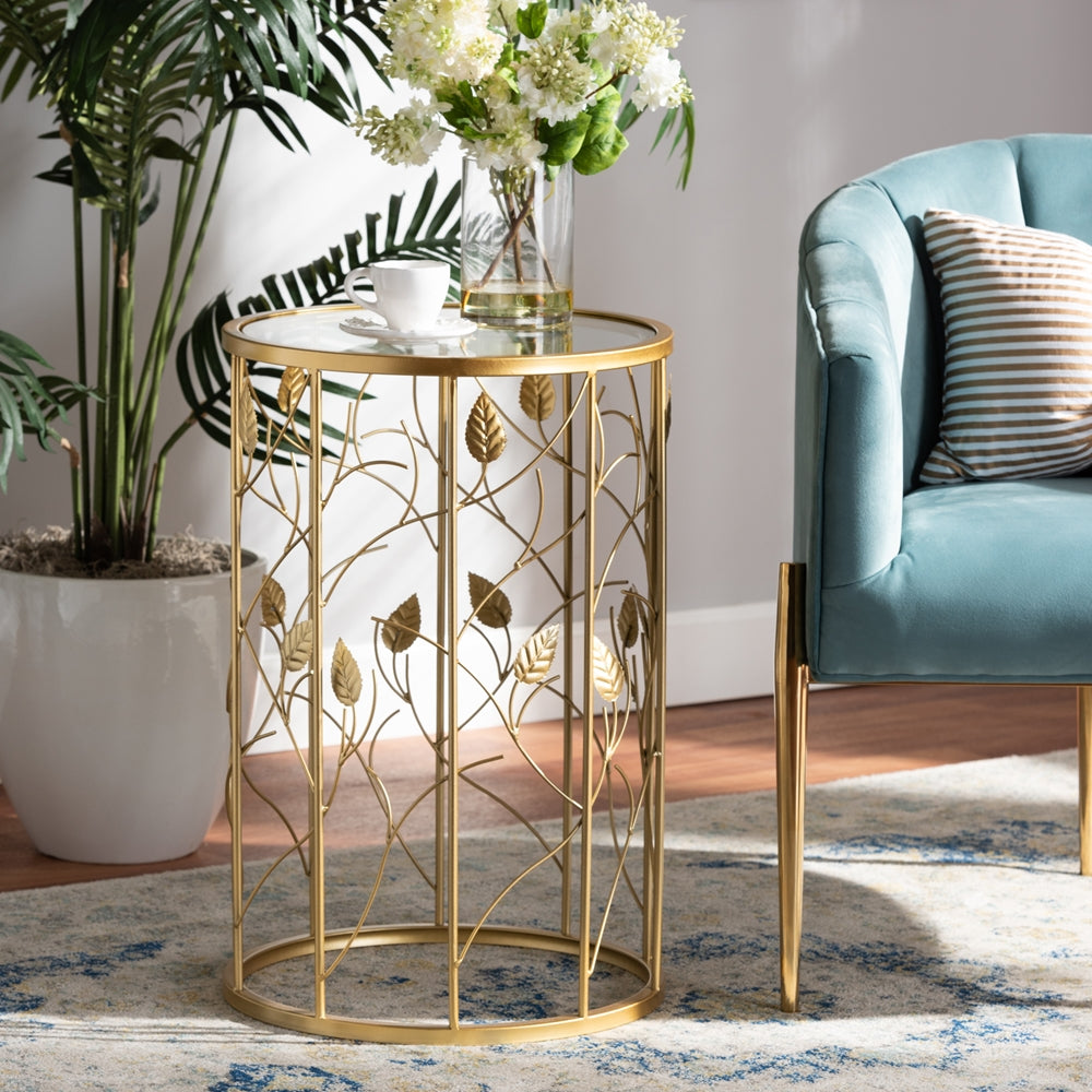 Baxton Studio Anaya Modern And Contemporary Glam Brushed Gold Finished Metal And Glass Leaf Accent End Table