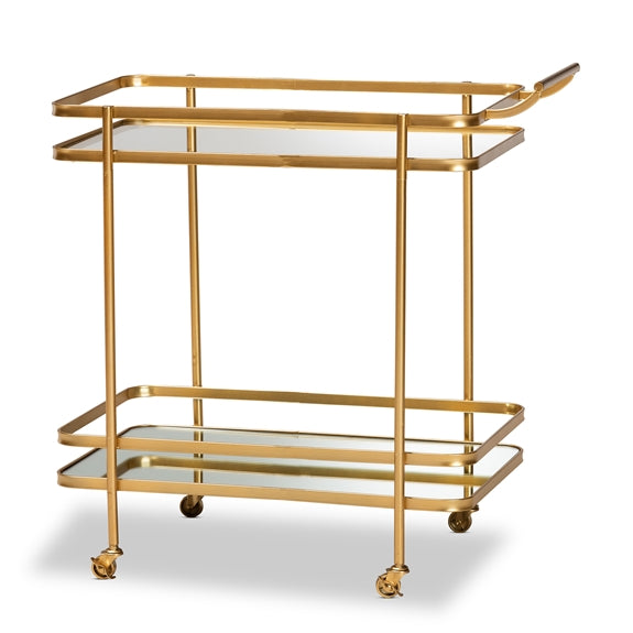 Baxton Studio Destin Modern and Contemporary Glam Brushed Finished Metal and Mirrored Glass 2-Tier Mobile Wine Bar Cart