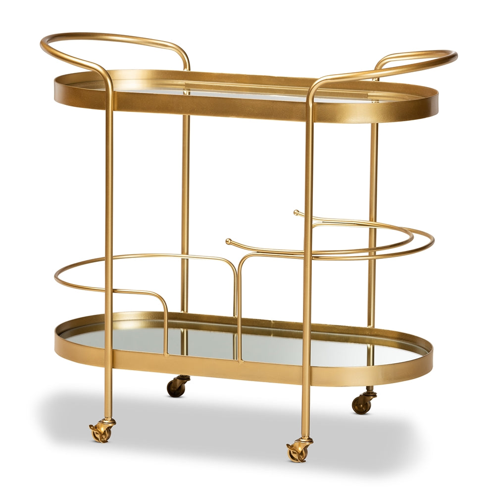 Baxton Studio Kamal Modern and Contemporary Glam Brushed Finished Metal and Mirrored Glass 2-Tier Mobile Wine Bar Cart