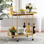 Load image into Gallery viewer, Baxton Studio Kamal Modern And Contemporary Glam Brushed Gold Finished Metal And Mirrored Glass 2-Tier Mobile Wine Bar Cart
