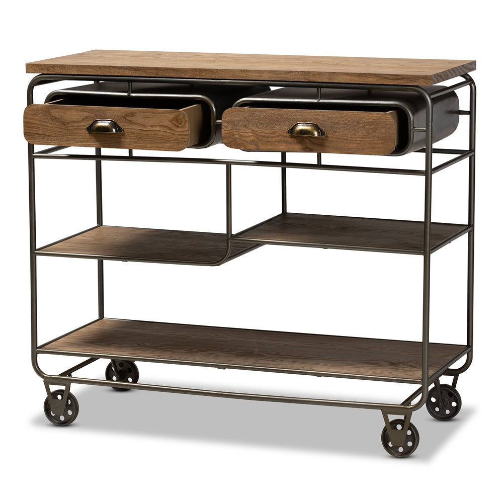 Baxton Studio Grant Vintage Rustic Industrial Oak Brown Finished Wood And Black Finished Metal 2-Drawer Kitchen Cart