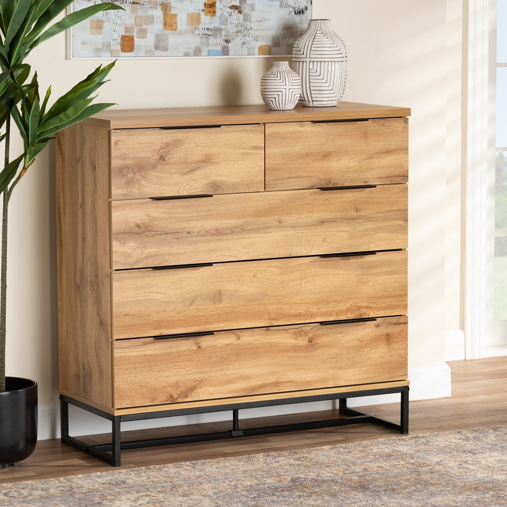 Baxton Studio Franklin Modern And Contemporary Oak Finished Wood And Black Finished Metal 5-Drawer Bedroom Chest