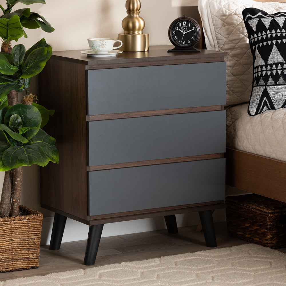 Baxton Studio Roldan Modern And Contemporary Two-Tone Walnut And Grey Finished Wood 3-Drawer Bedroom Chest