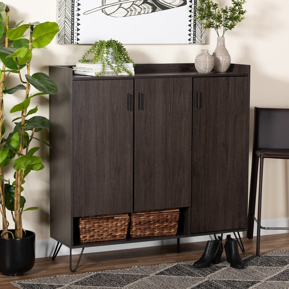 BAXTON STUDIO BALDOR MODERN AND CONTEMPORARY DARK BROWN FINISHED WOOD 3-DOOR SHOE CABINET