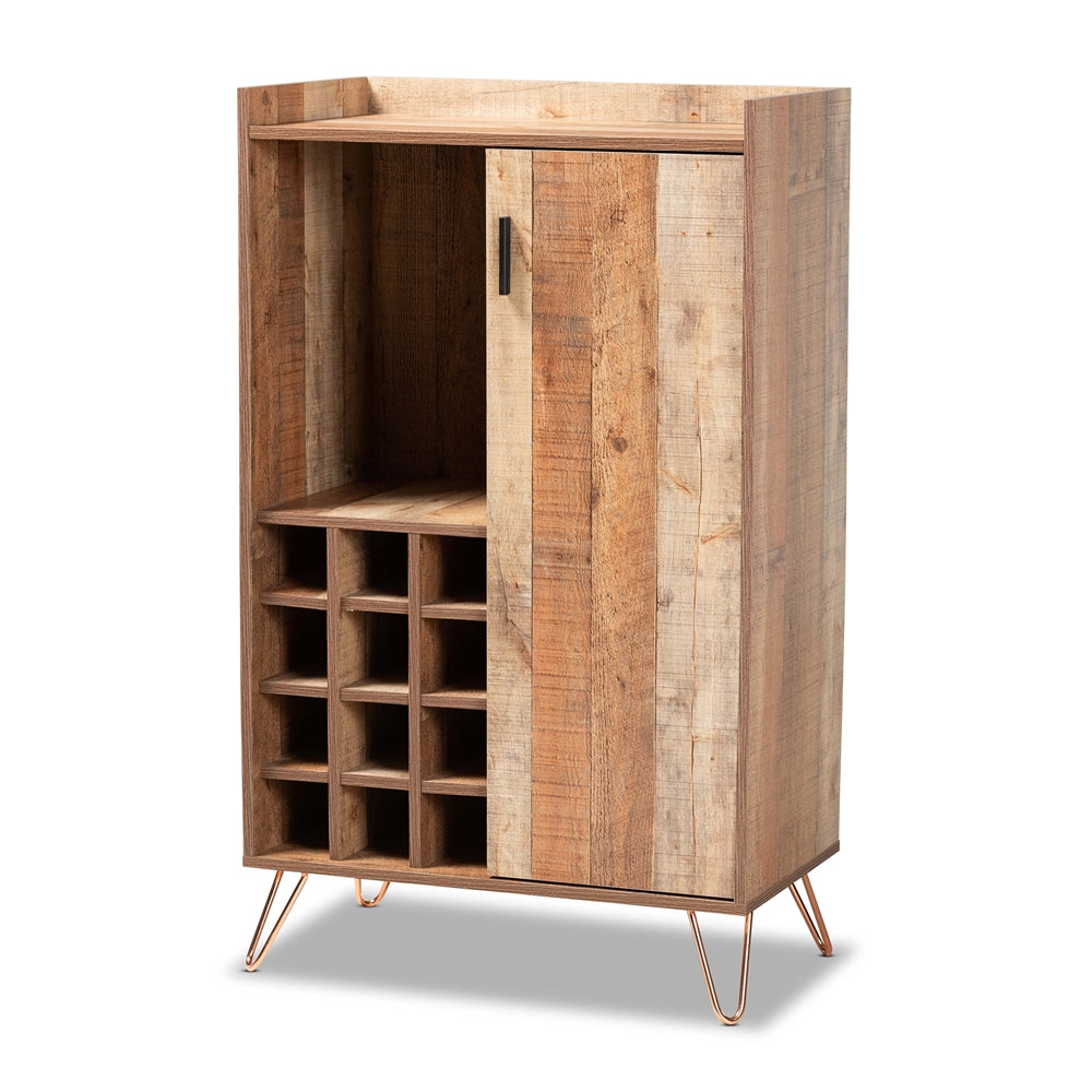 Baxton Studio Mathis Modern and Contemporary Rustic Finished Wood and Rose Gold Finished Metal Wine Storage Cabinet