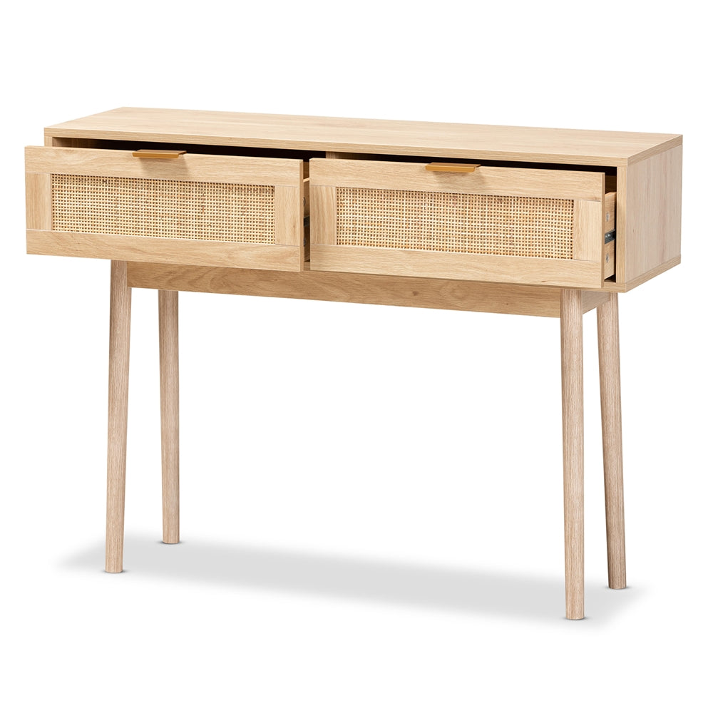 Baxton Studio Baird Mid-Century Modern Light Oak Brown Finished Wood And Rattan 2-Drawer Console Table