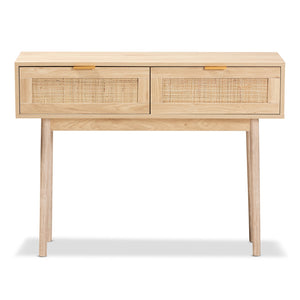 Baxton Studio Baird Mid-Century Modern Light Oak Brown Finished Wood And Rattan 2-Drawer Console Table