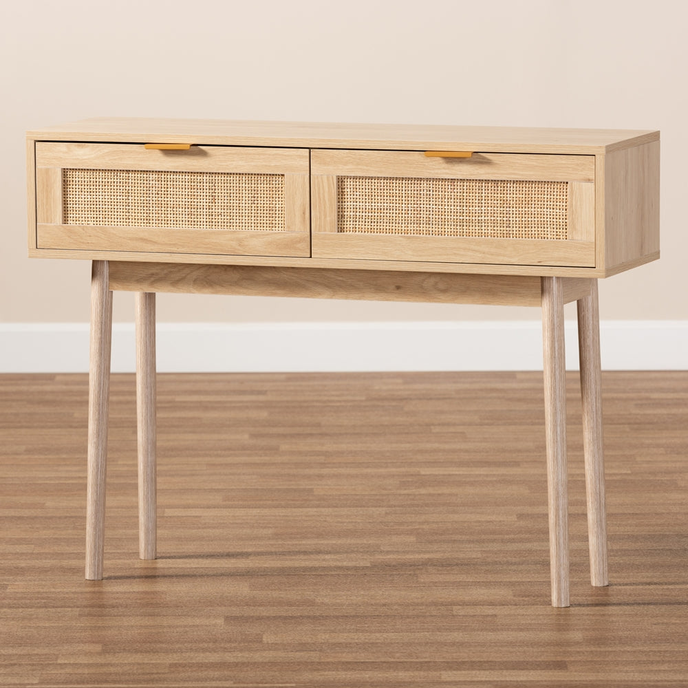 Baxton Studio Baird Mid-Century Modern Light Oak Brown Finished Wood And Rattan 2-Drawer Console Table