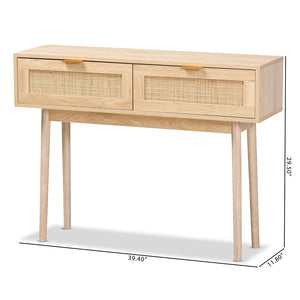 Baxton Studio Baird Mid-Century Modern Light Oak Brown Finished Wood And Rattan 2-Drawer Console Table