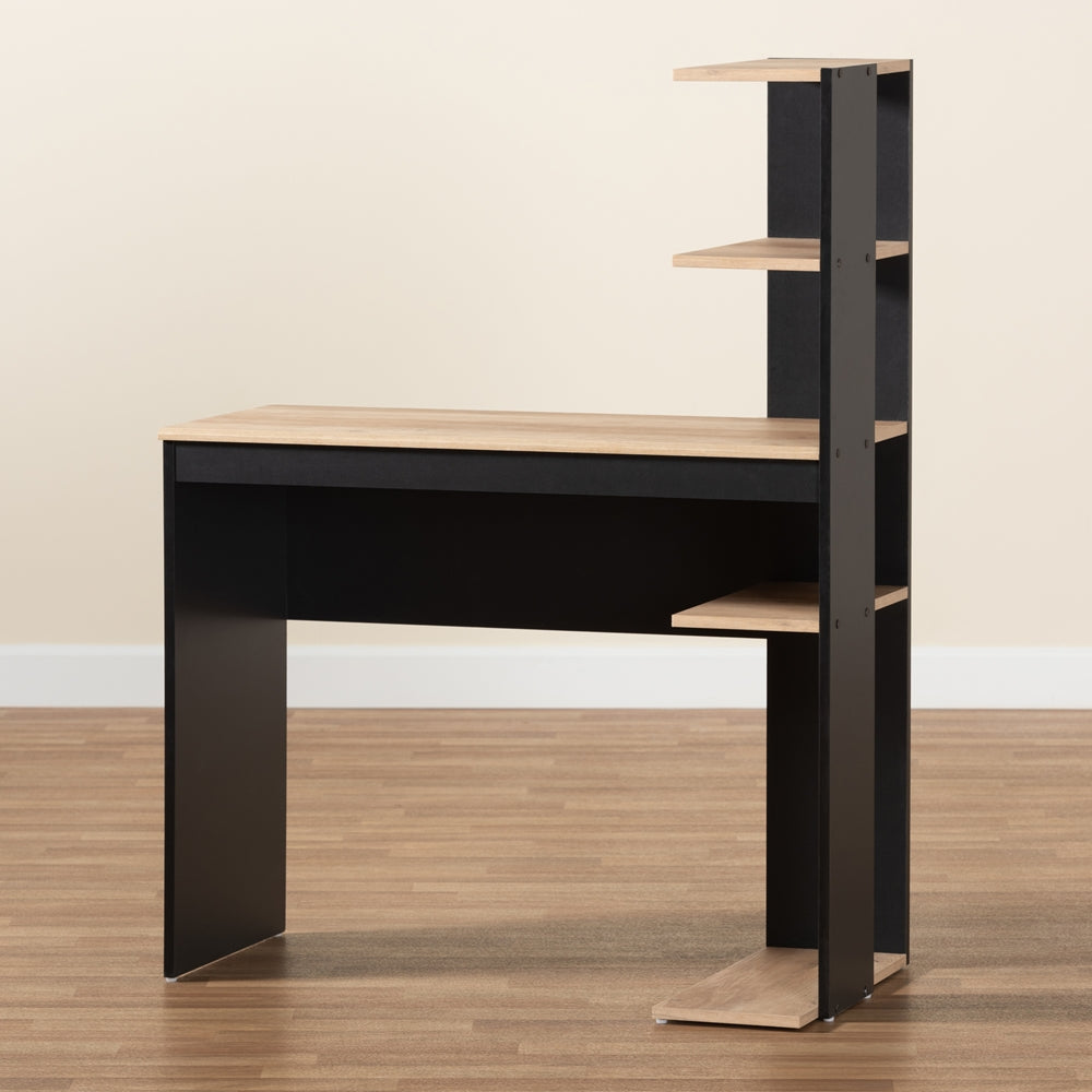 Baxton Studio Callahan Modern And Contemporary Two-Tone Dark Grey And Oak Finished Wood Desk With Shelves