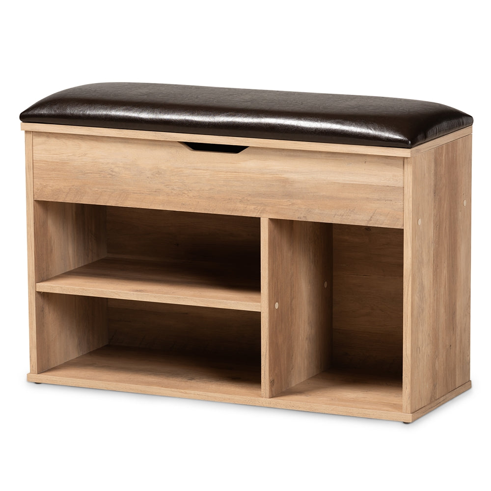 Baxton Studio Ramsay Modern and Contemporary Faux Leather Upholstered and Oak Brown Finished Wood Shoe Storage Bench