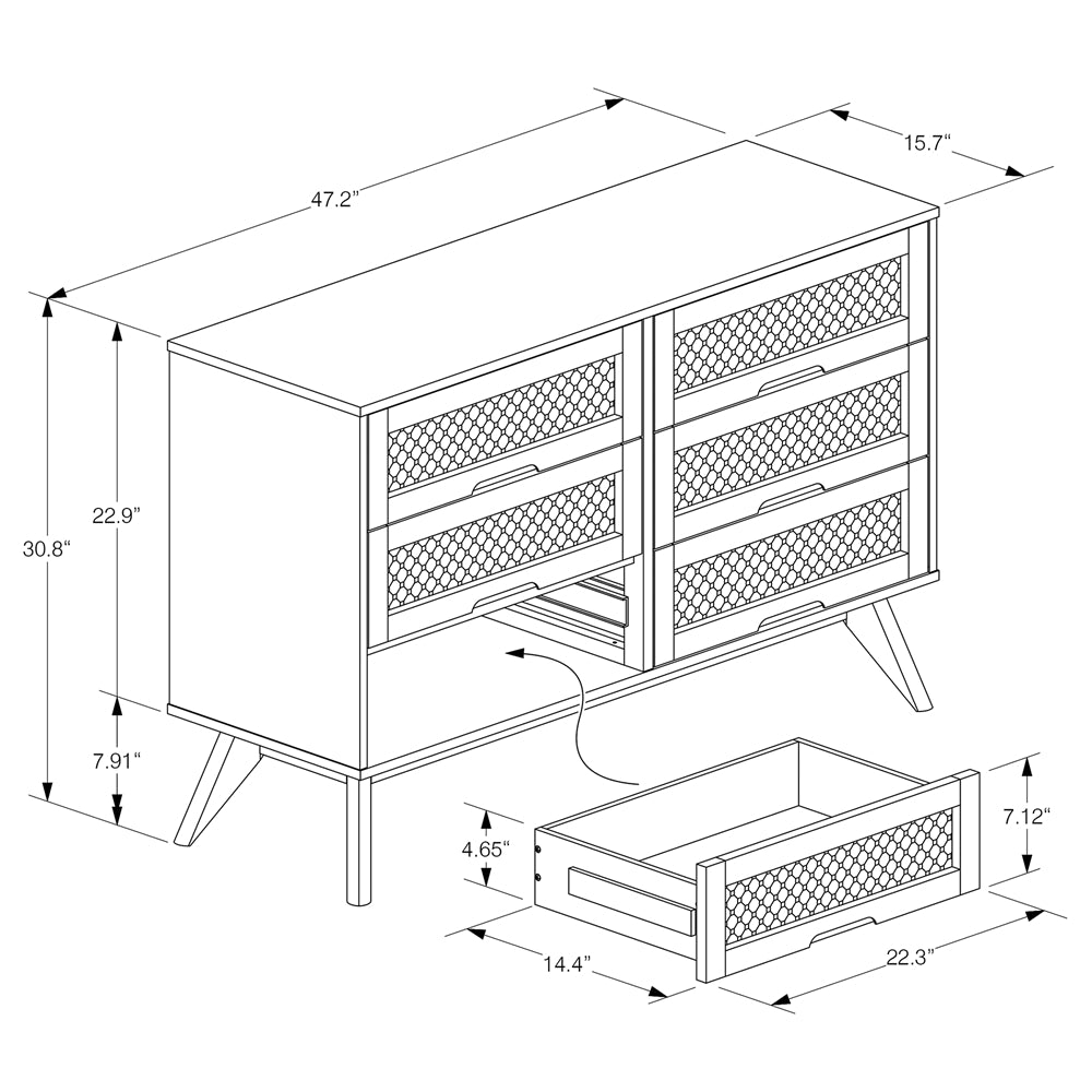 Baxton Studio Barrett Mid-Century Modern Walnut Brown Finished Wood And Synthetic Rattan 6-Drawer Dresser