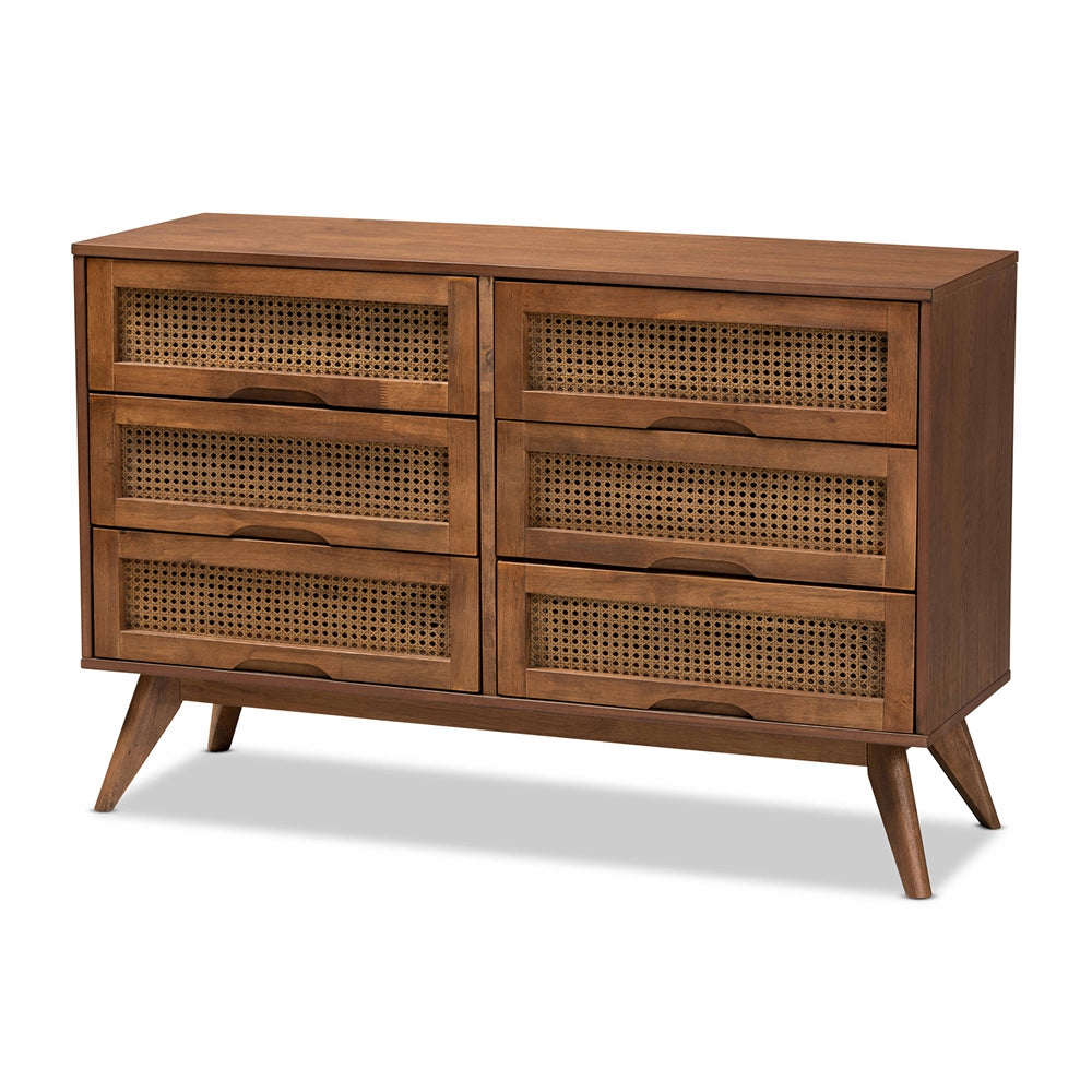 Baxton Studio Barrett Mid-Century Modern Walnut Brown Finished Wood And Synthetic Rattan 6-Drawer Dresser